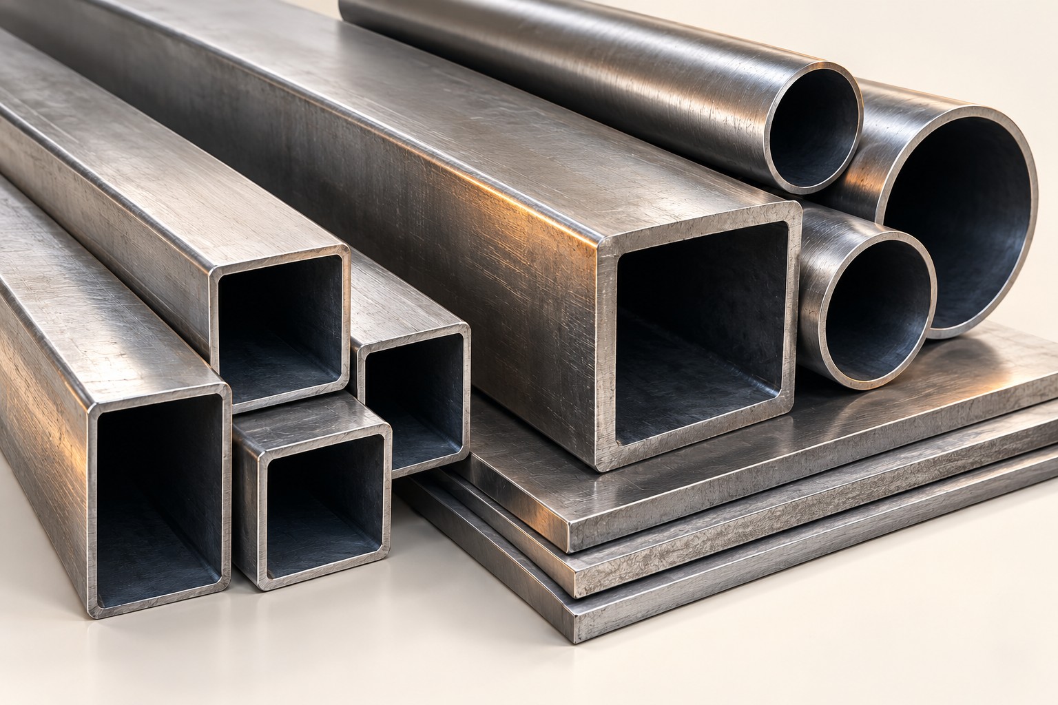 Illustrative arrangement of square steel sections, pipes and steel plates